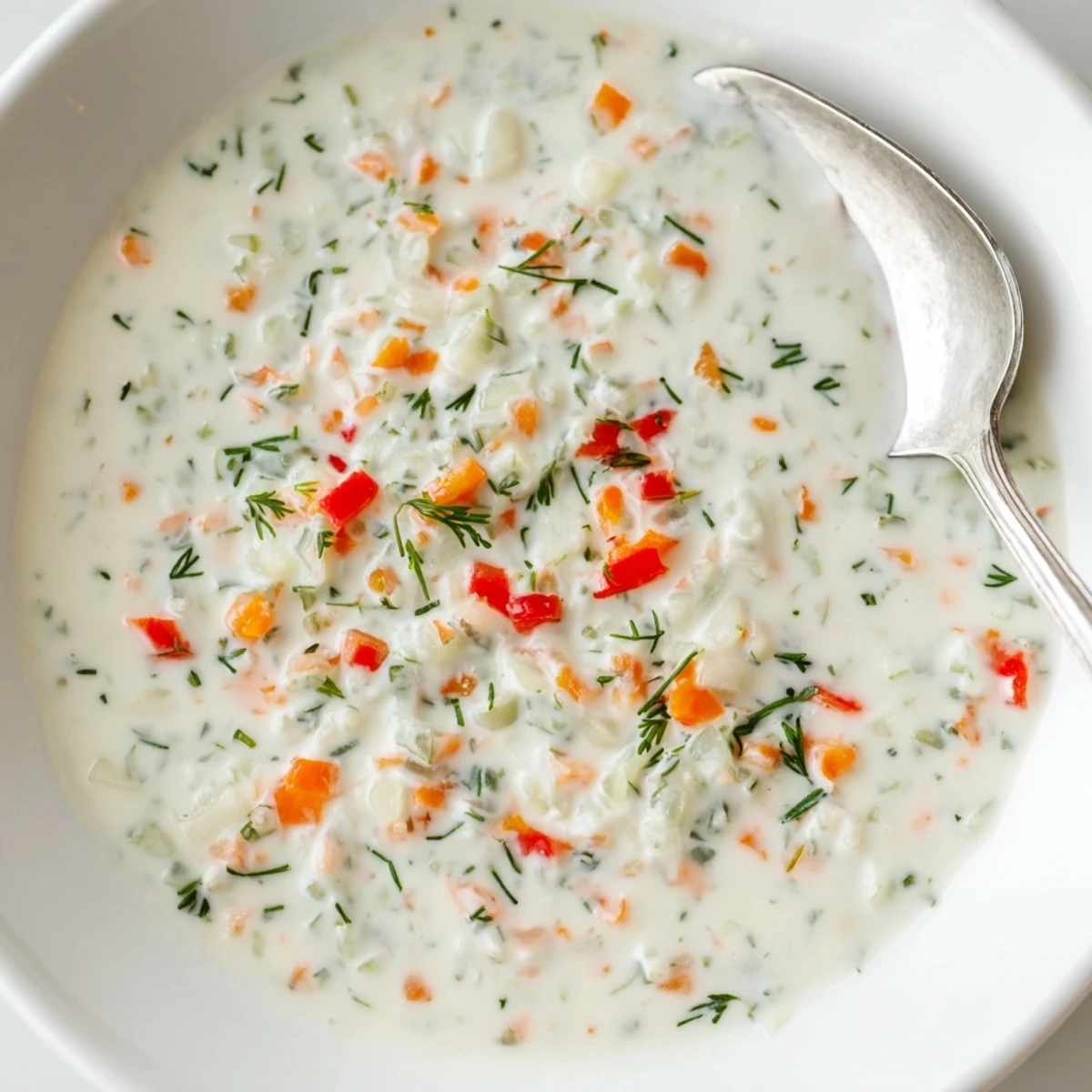 Greek yogurt fresh vegetable spring garden dip with grated carrot, cucumber, and bell pepper chunks