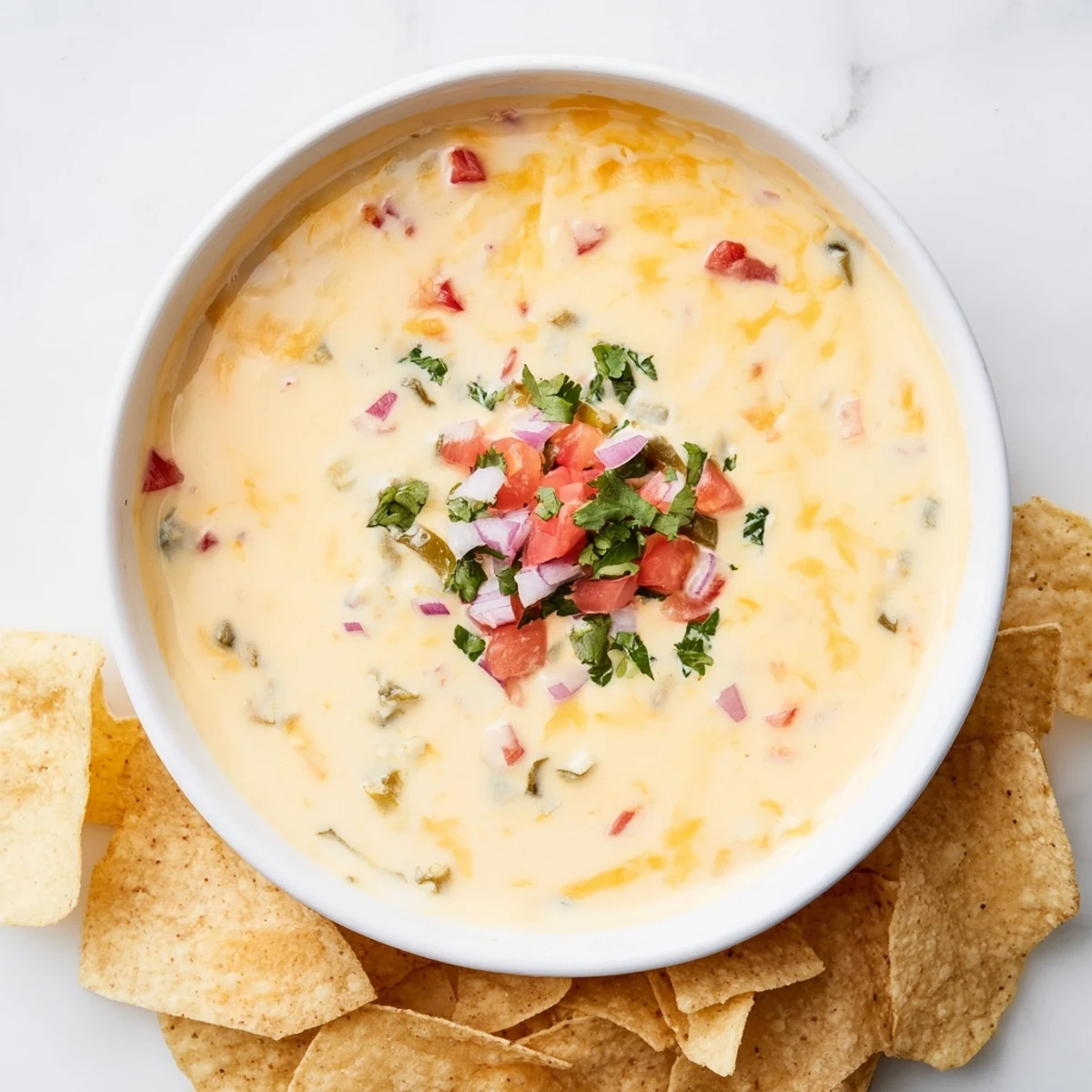 Creamy green chile queso dip bubbling in a white serving bowl with red tomato bits and fresh cilantro garnish