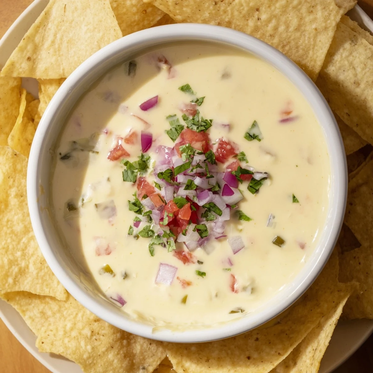 Golden green chile queso dip drizzled over crispy tortilla chips, topped with diced tomatoes and chopped cilantro