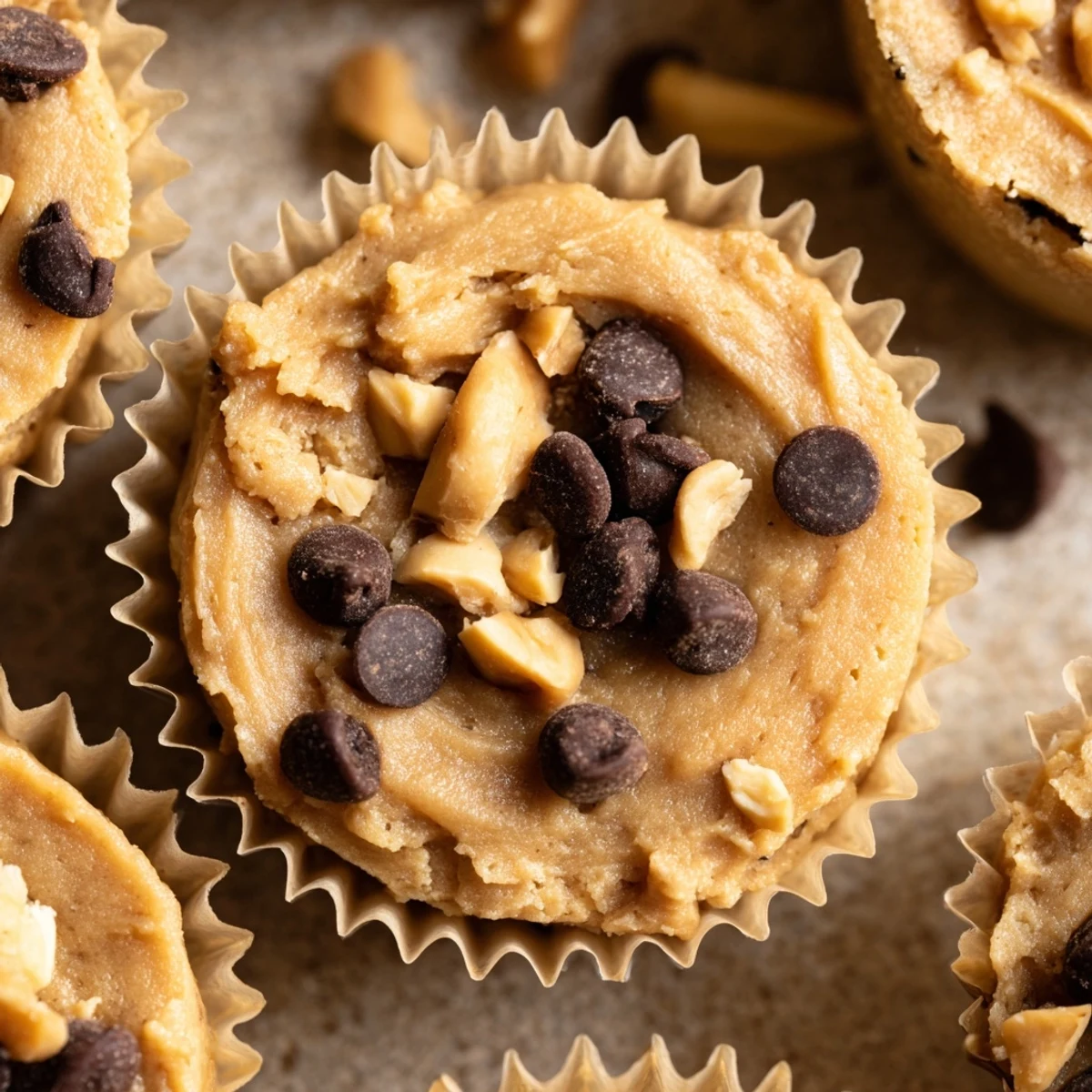 Frozen peanut butter Greek yogurt bites arranged in a mini muffin tin with dark chocolate chips