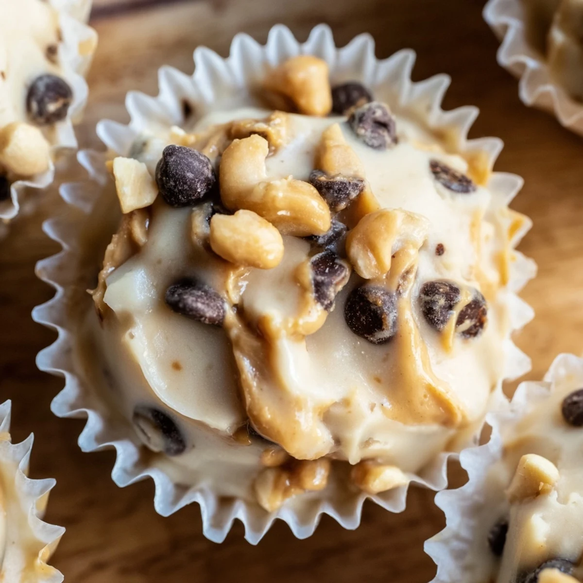 High protein frozen peanut butter Greek yogurt bites showing smooth texture and chocolate chip swirls