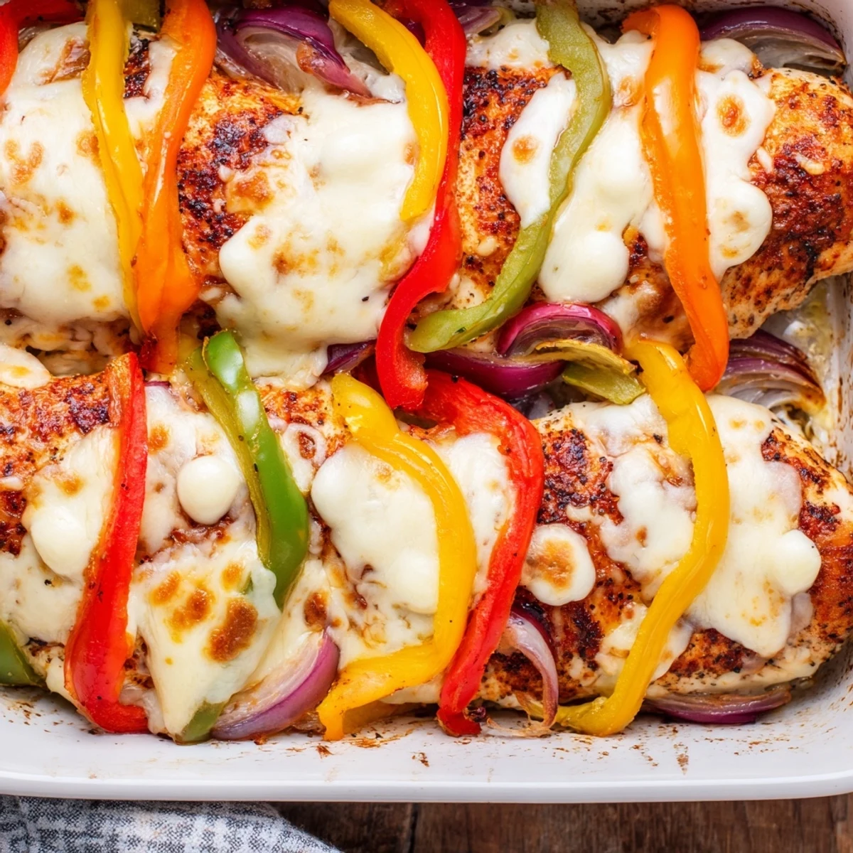 Golden melted mozzarella and cheddar topping juicy seasoned chicken breasts nestled among colorful sliced bell peppers in a baking dish