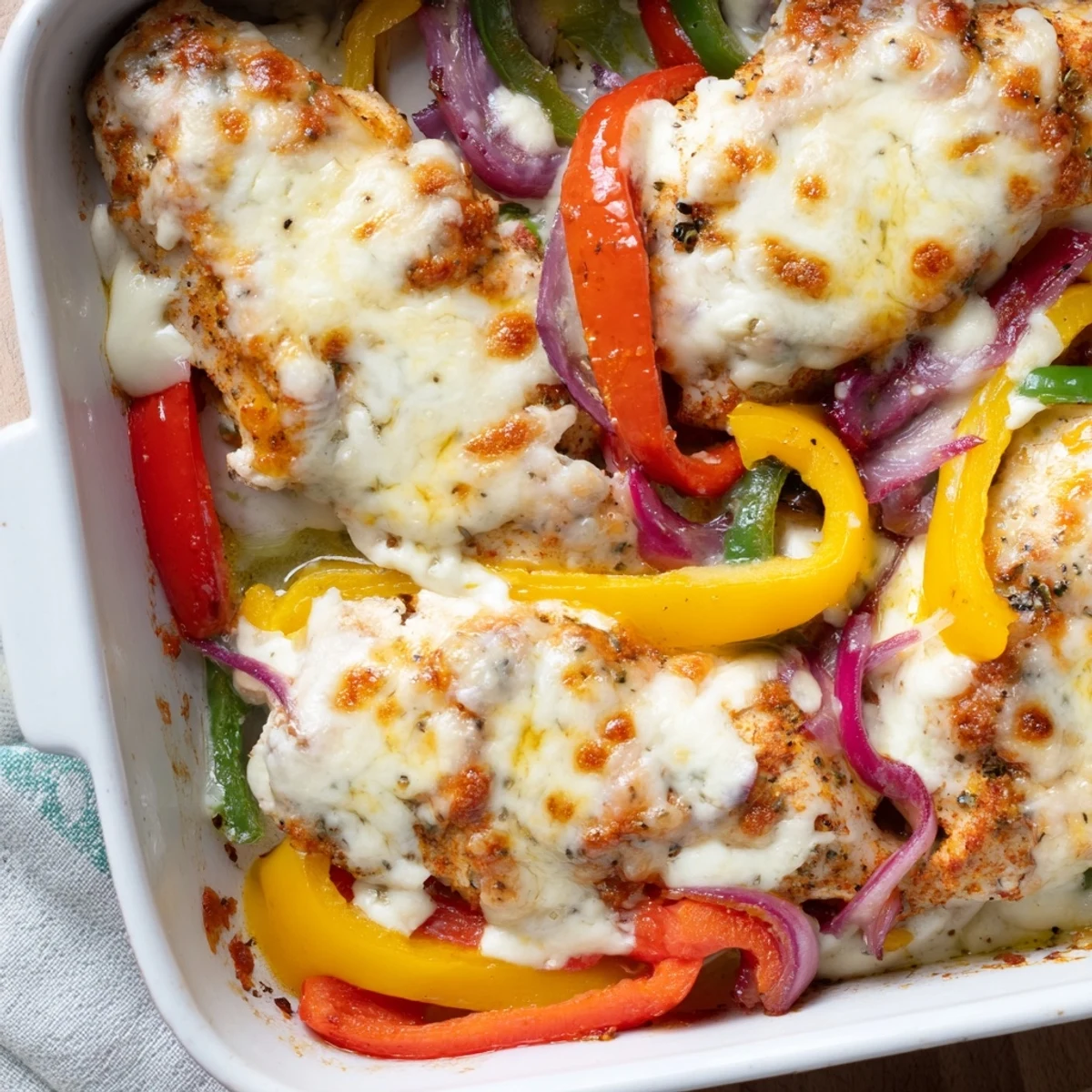  bubbling cheesy chicken breasts with red yellow and green peppers roasted to perfection in a comforting family dinner casserole
