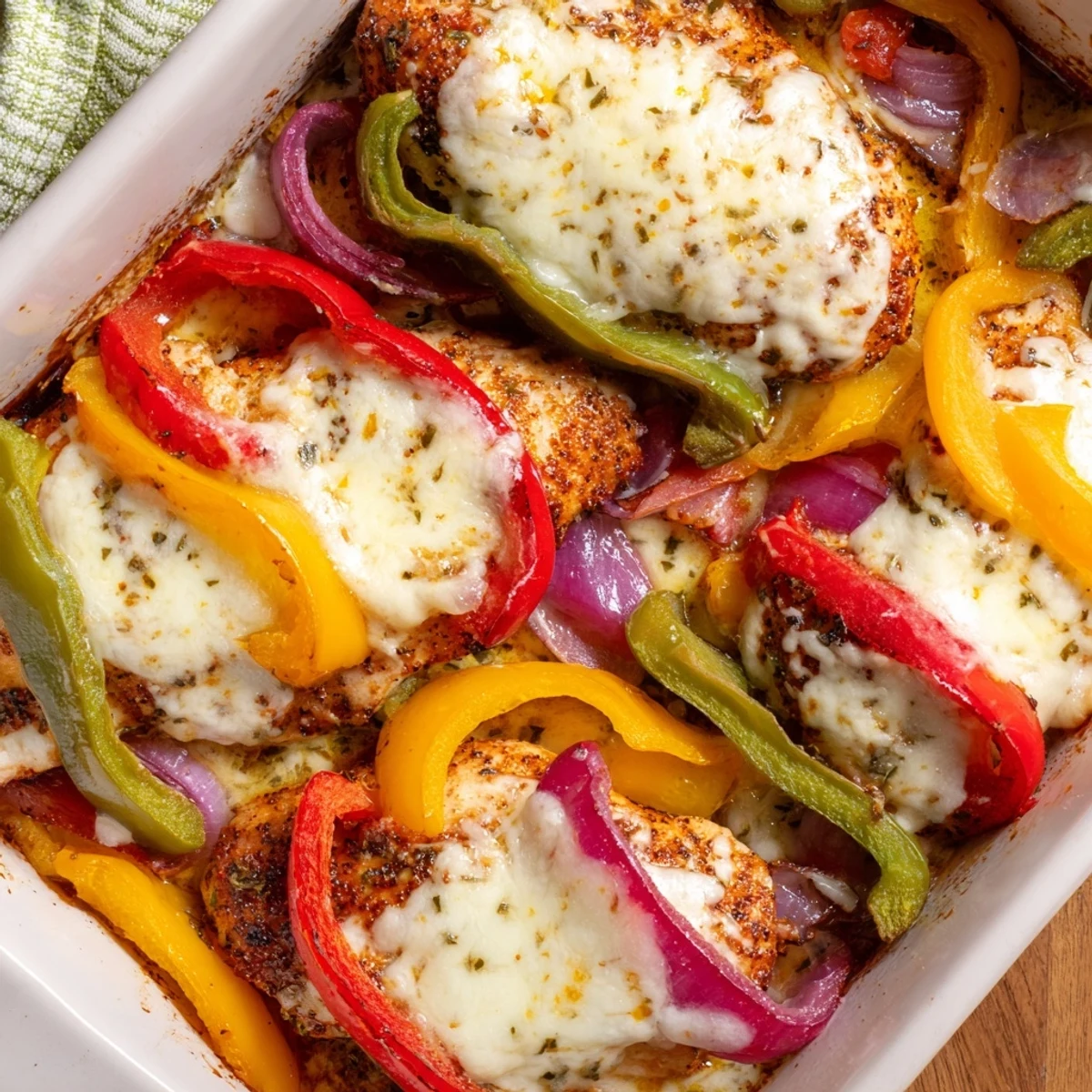  tender baked chicken breast with cream cheese and melted shredded cheese served alongside colorful roasted bell peppers and onions