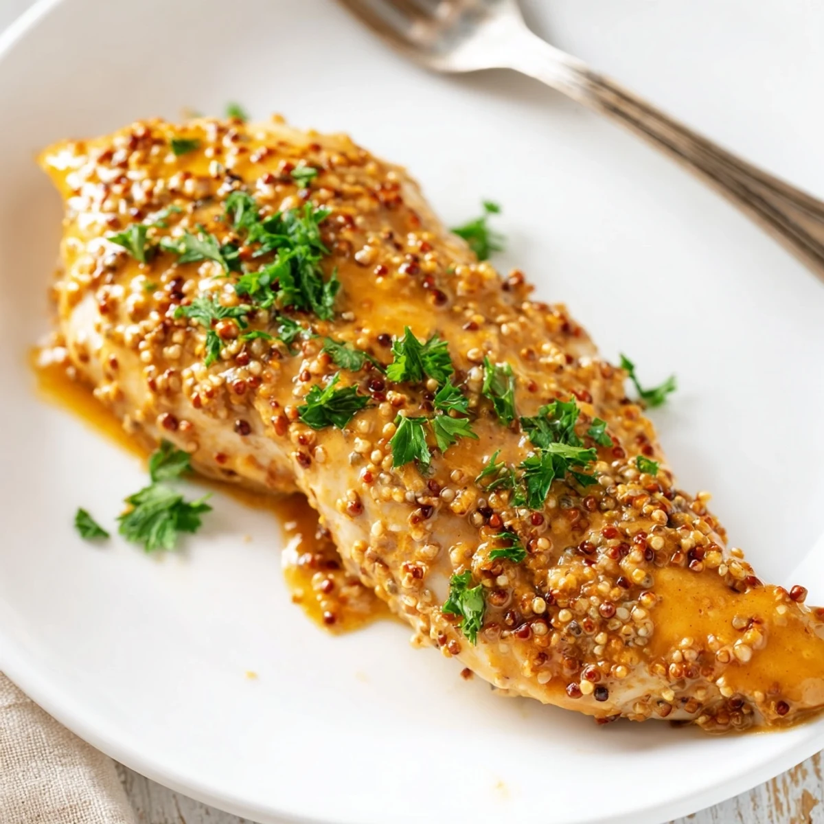 Juicy chicken pieces coated in caramelized honey mustard sauce fresh from the oven