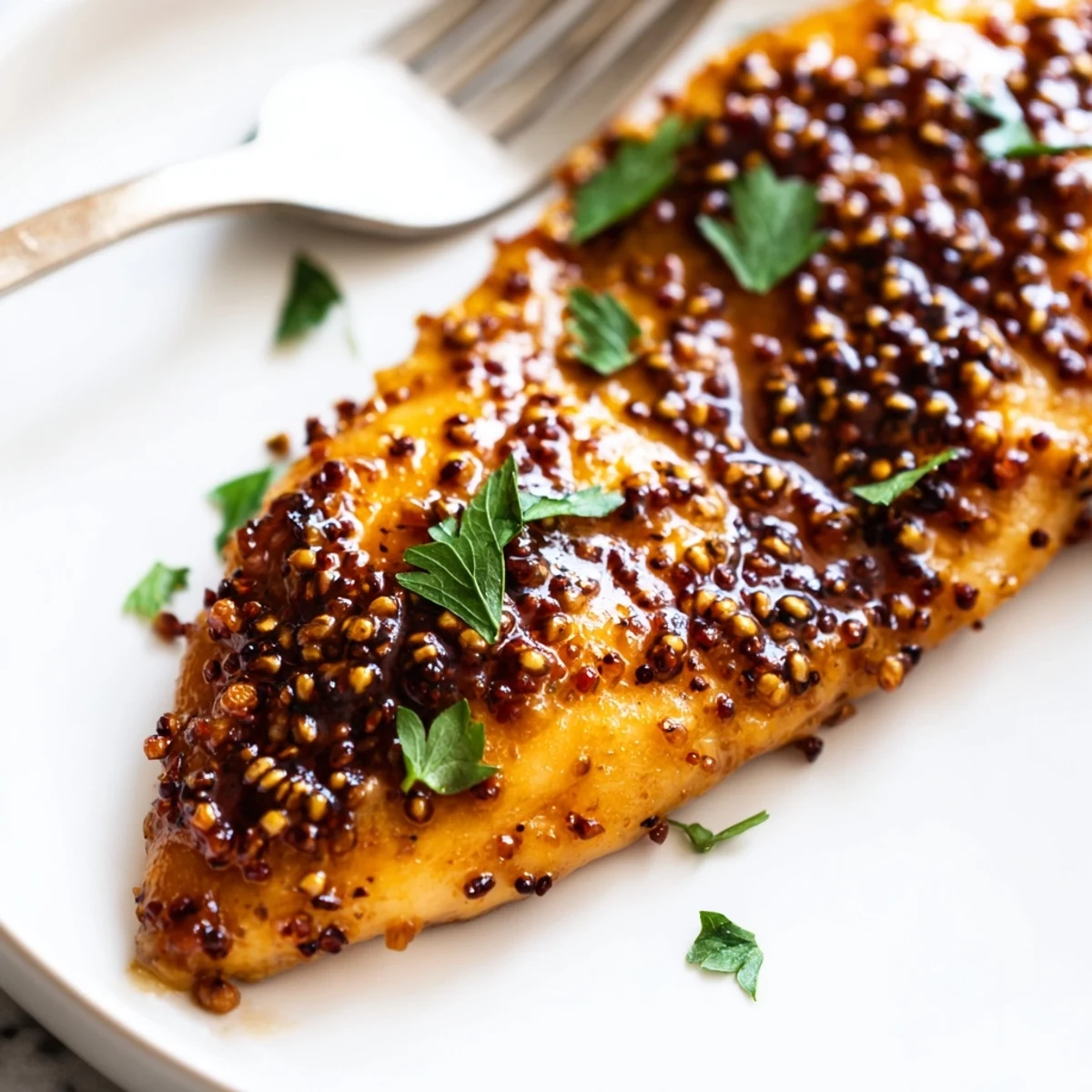 Golden glazed Oven Baked Honey Mustard Chicken breasts glistening with sweet tangy sauce