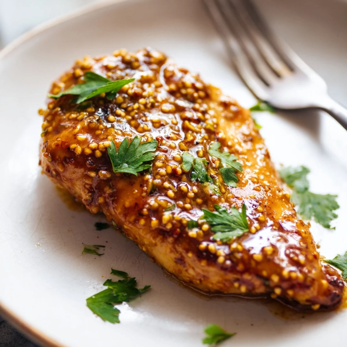 Oven Baked Honey Mustard Chicken resting on a white platter garnished with parsley