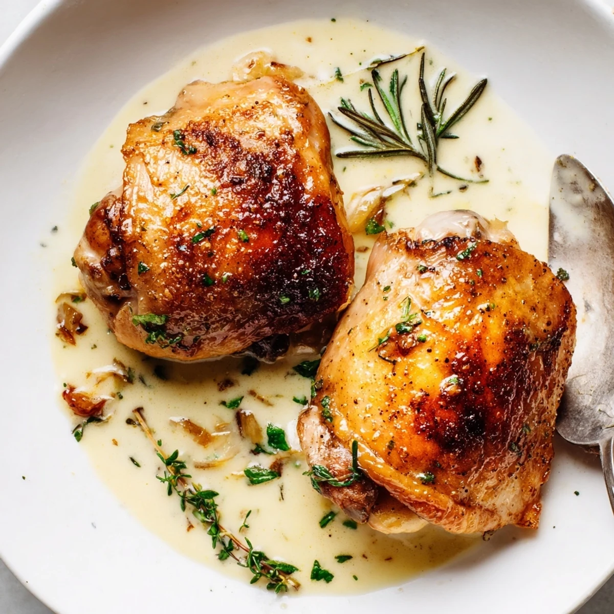 Creamy Garlic Chicken Thighs With Herbs glistening in velvety sauce over mashed potatoes