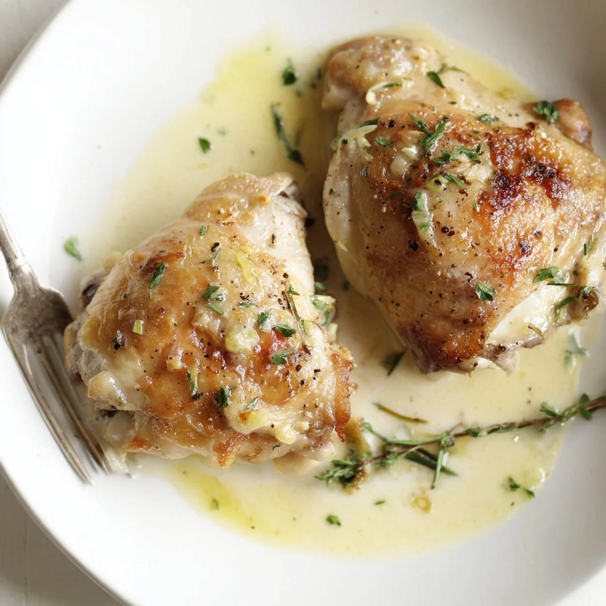 Oven-roasted Creamy Garlic Chicken Thighs With Herbs, golden skin and fragrant herb sauce