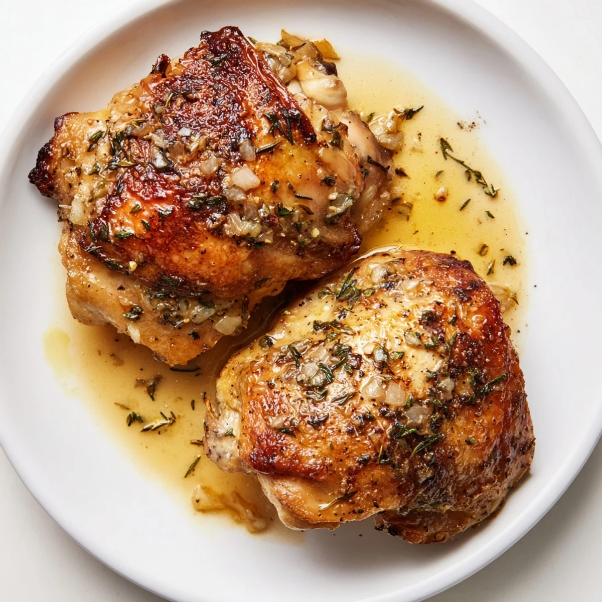 Skillet-seared Creamy Garlic Chicken Thighs With Herbs, spooned with warm cream sauce