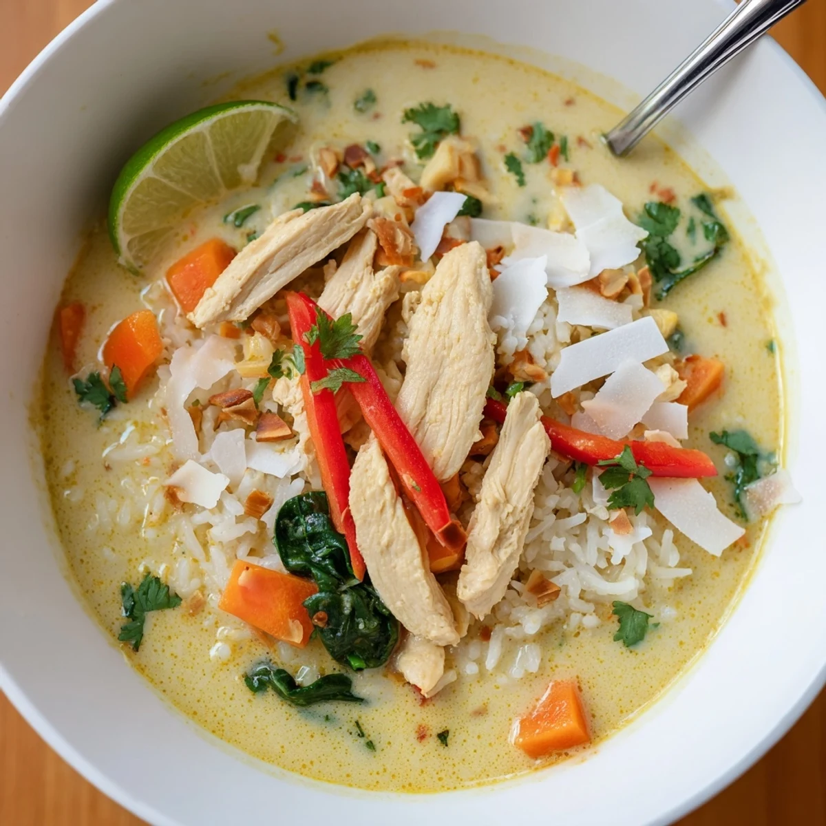 Golden Coconut Chicken Rice Soup steaming in bowl, fragrant coconut and spices  