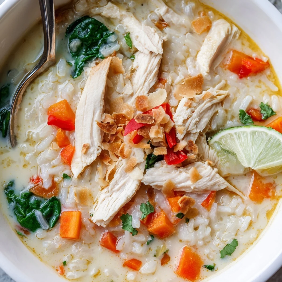 Creamy Golden Coconut Chicken Rice Soup ladled with cilantro, lime wedge on side  
