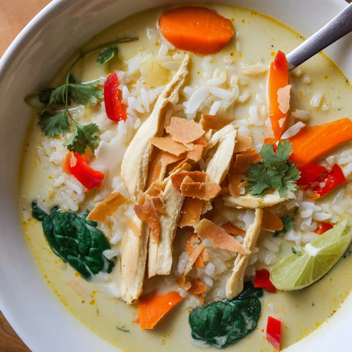 Weeknight Golden Coconut Chicken Rice Soup bubbling with tender chicken, jasmine rice