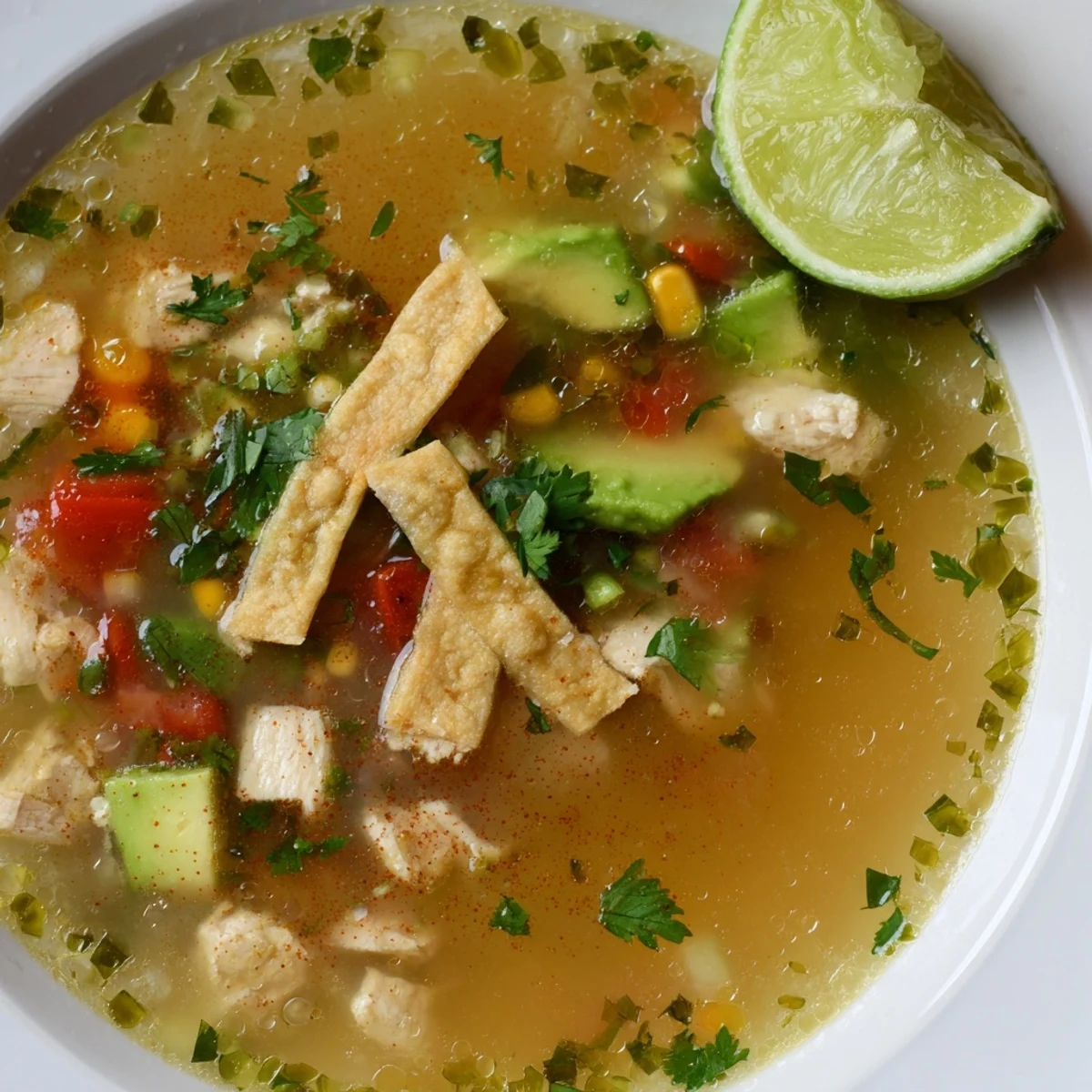 Steaming bowl of Bold Zesty Chicken Lime Soup Recipe, lime wedges visible