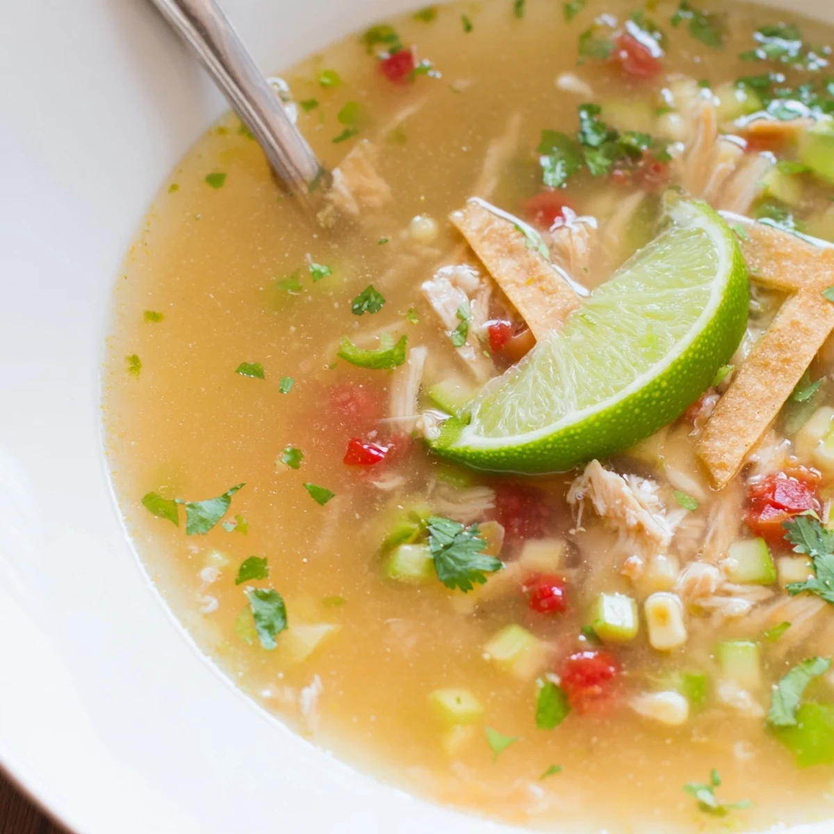 Hearty, tangy Bold Zesty Chicken Lime Soup Recipe served hot with avocado