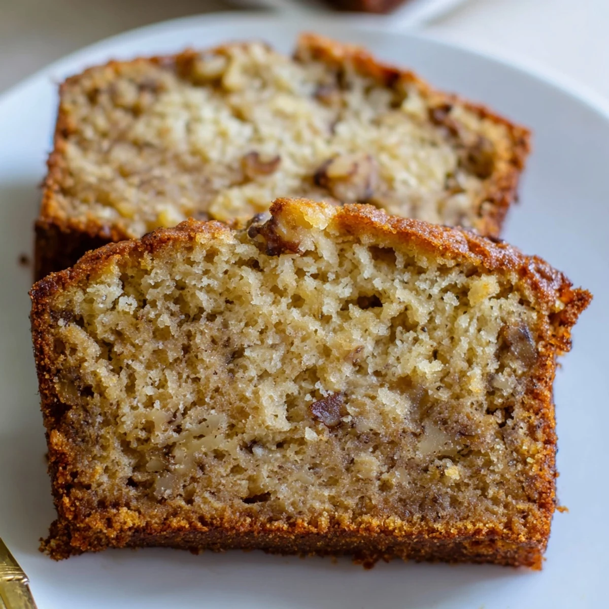 Slice of Moist Banana Cake topped with cream cheese frosting, fork nearby