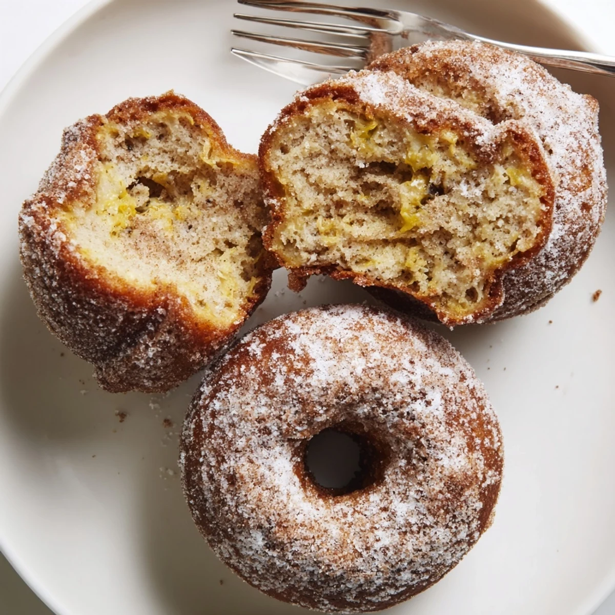 Fresh-baked Banana Donuts with golden crust, moist interior and warm banana aroma