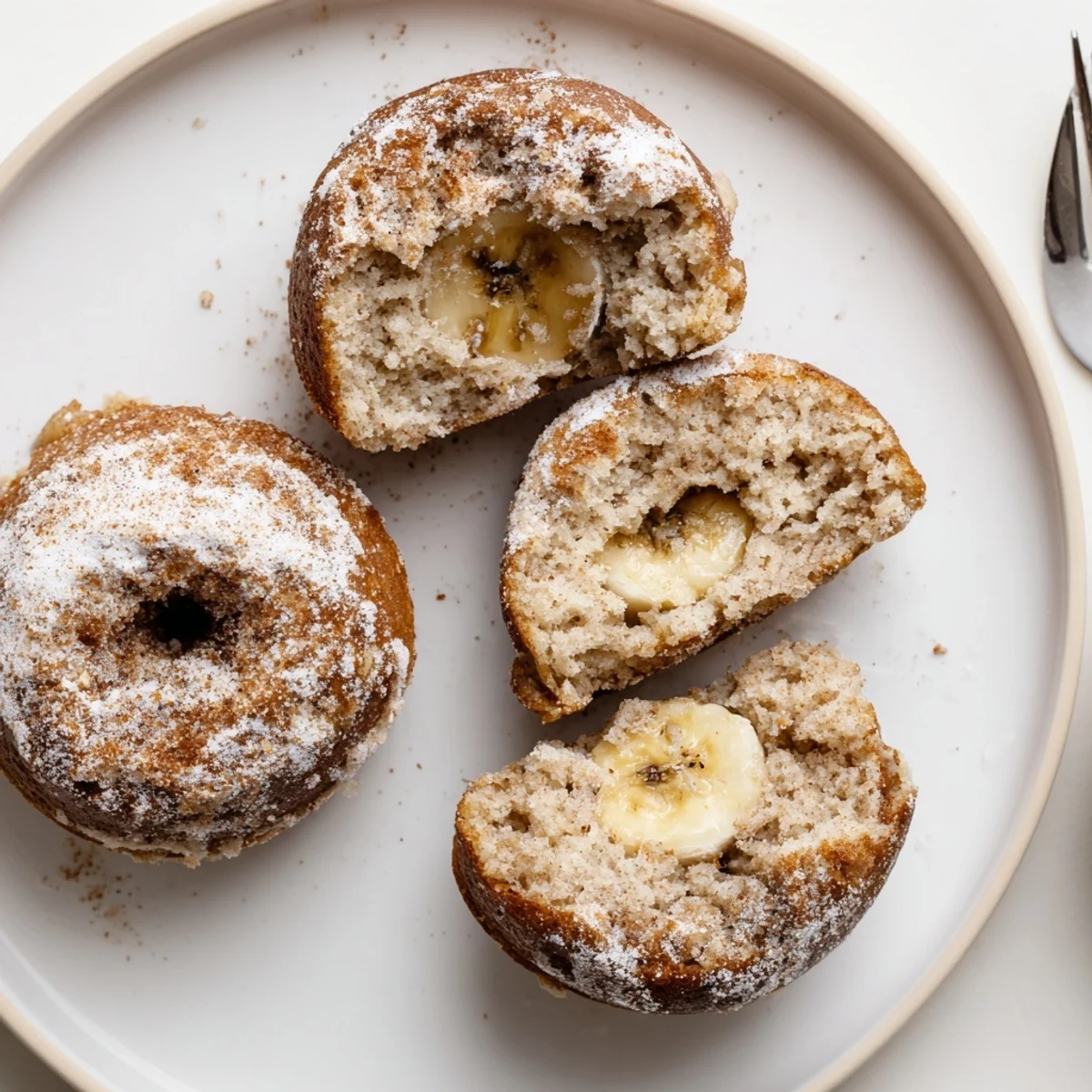 Morning plate of Banana Donuts served with milk, soft crumb, sweet spice