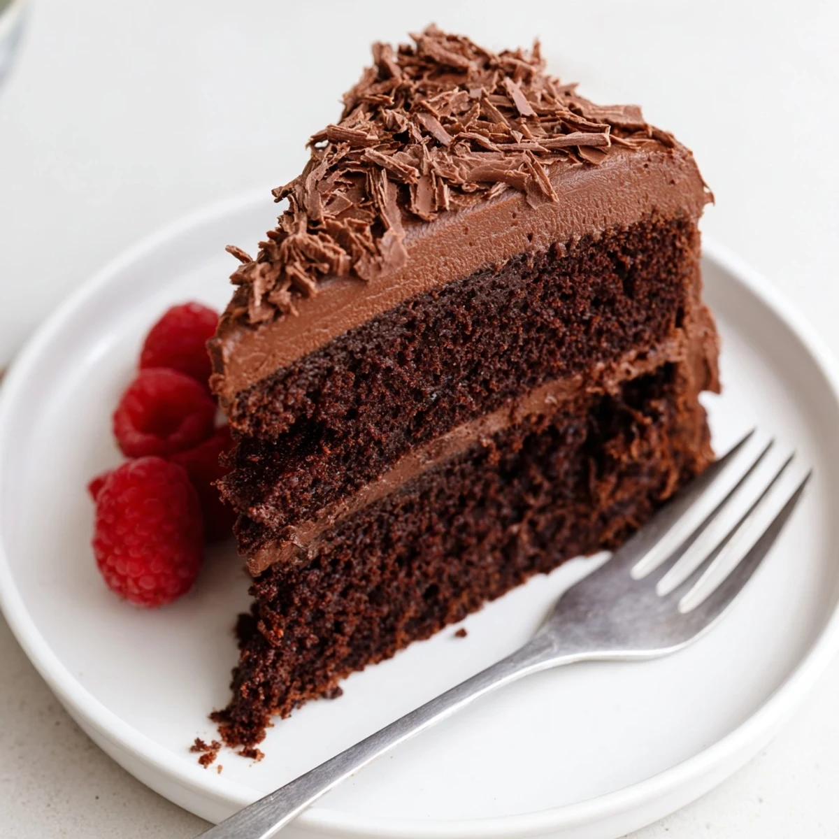 Easy Chocolate Cake Recipe layered and frosted, served with coffee nearby
