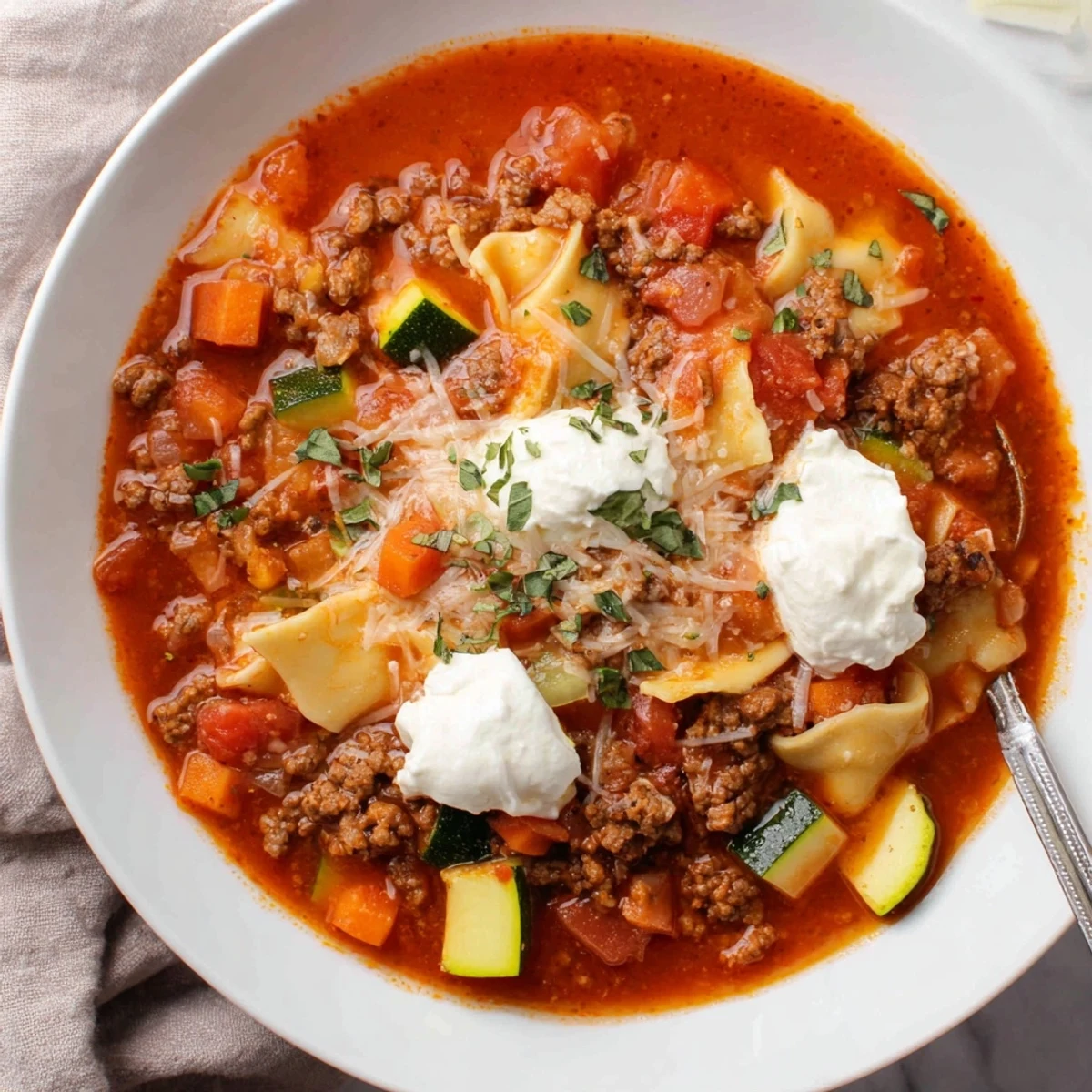 One Pot Lasagna Soup steaming in bowl, melted mozzarella and fresh basil