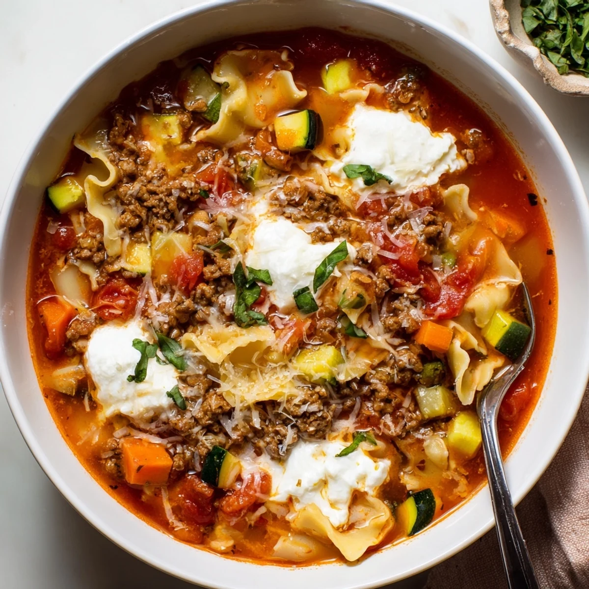 Bowl of One Pot Lasagna Soup topped with ricotta, served with garlic toast