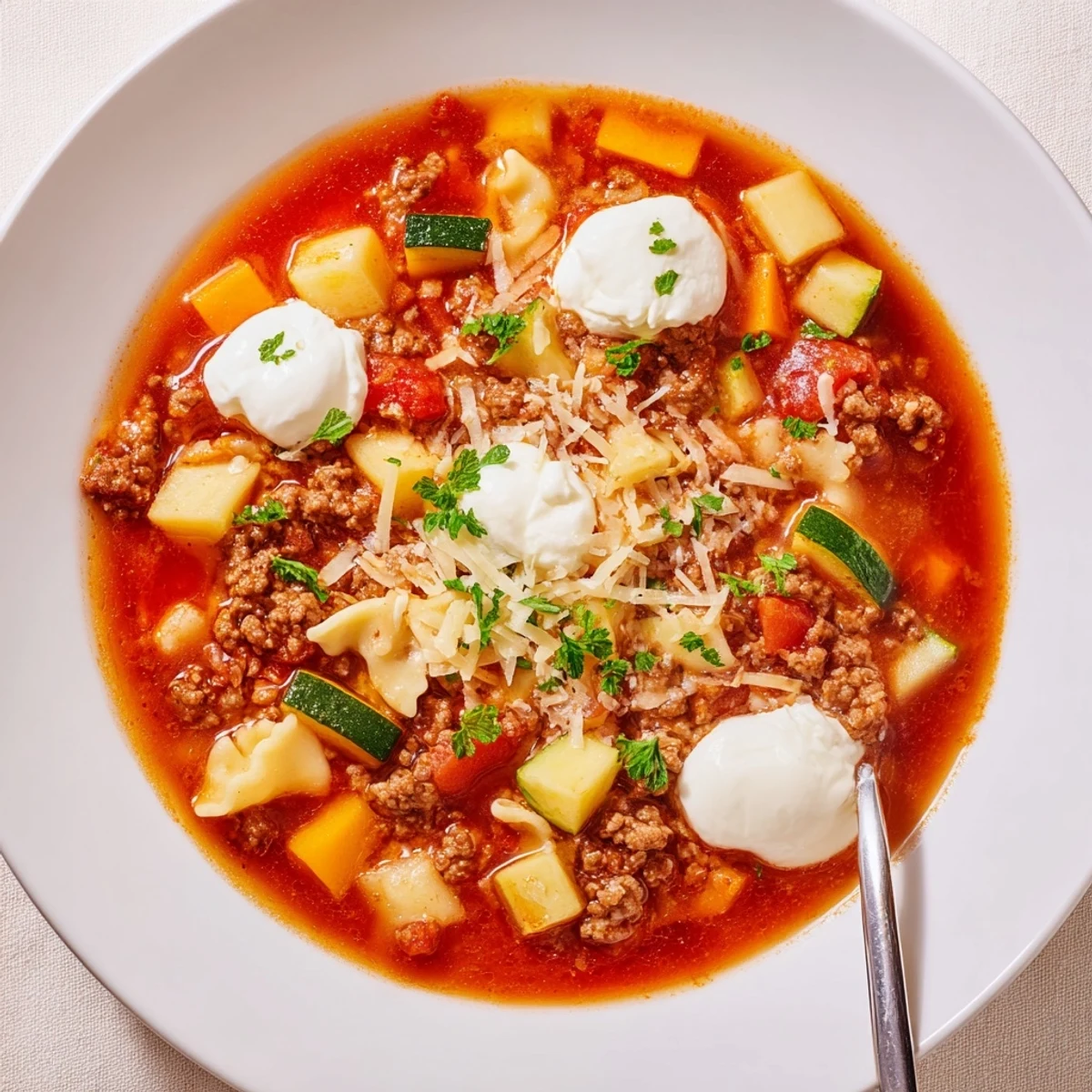 Spoon lifting cheesy noodles from One Pot Lasagna Soup, rich tomato aroma