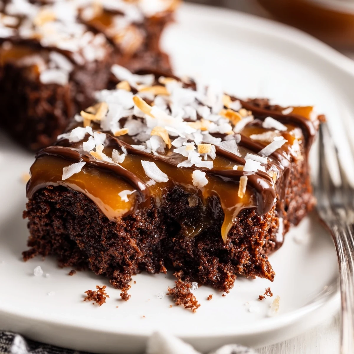 Samoa Brownies topped with gooey caramel, toasted coconut, and chocolate drizzle
