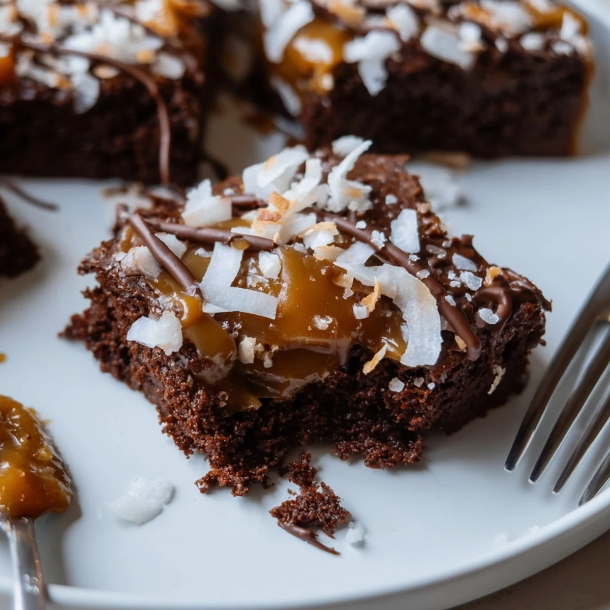 Warm Samoa Brownies cooling on parchment, edges fudgy, coconut caramel melting