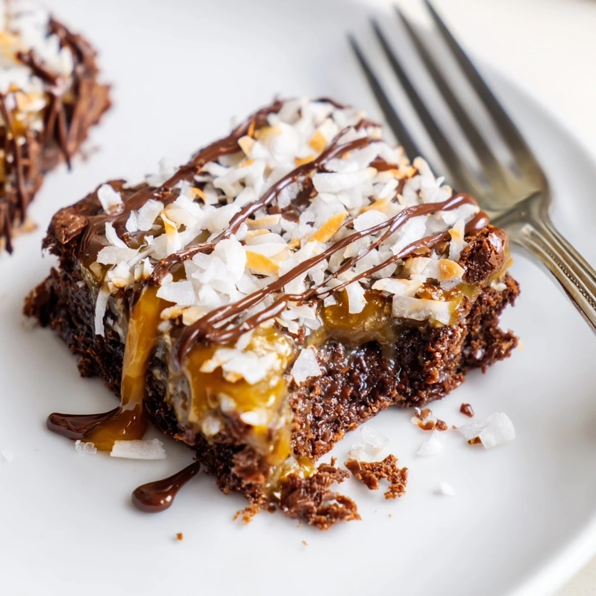 Square Samoa Brownies served with flaky toasted coconut and optional sea salt