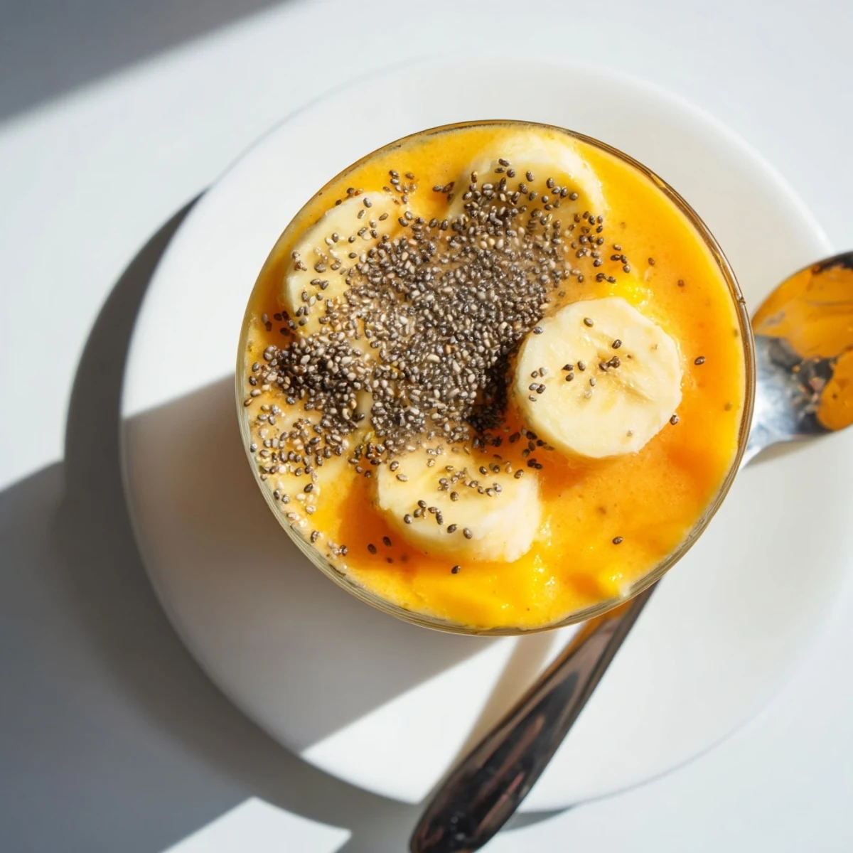 Tropical Sunrise Protein Smoothie with mango pineapple and banana in a clear glass