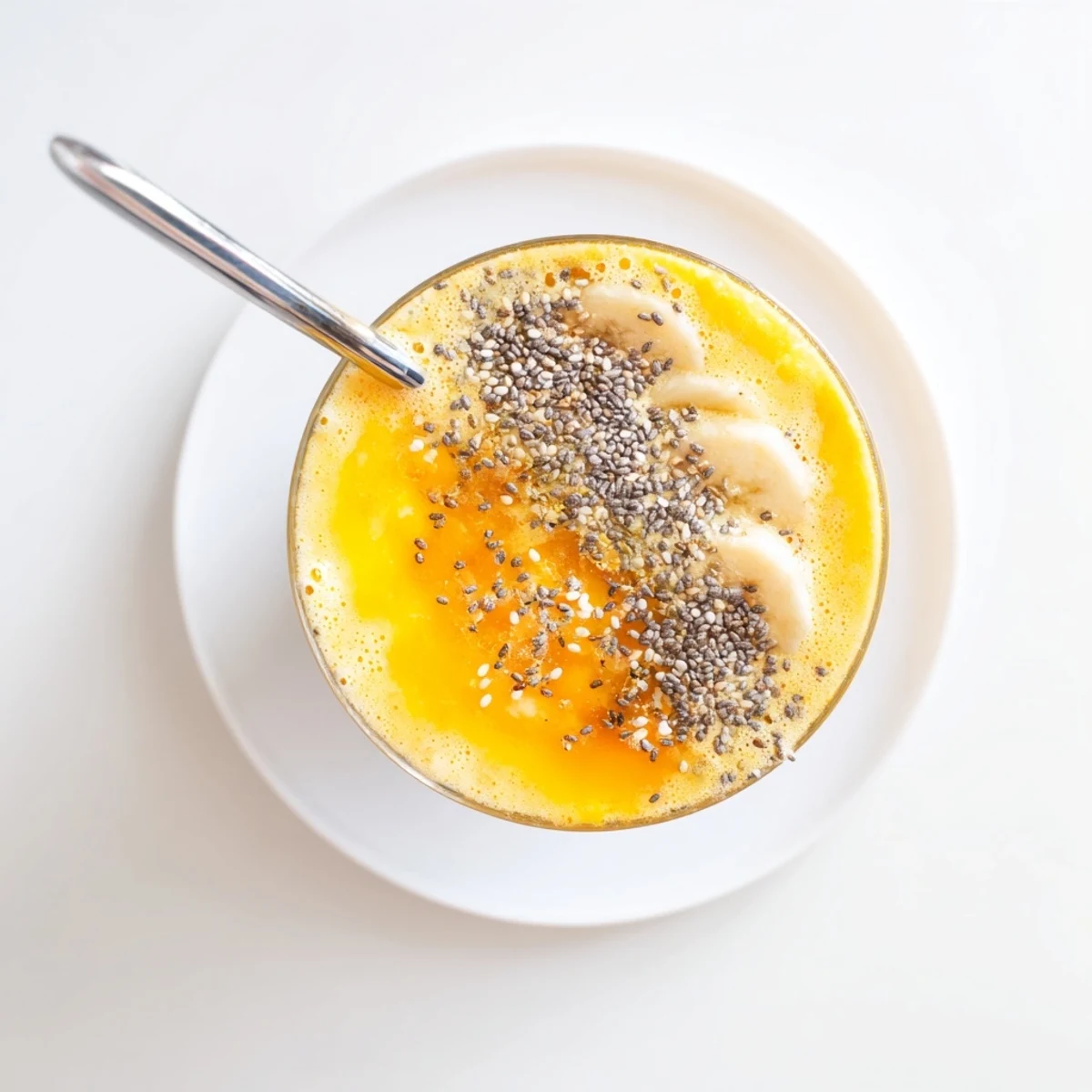 Vibrant Tropical Sunrise Protein Smoothie garnished with fresh fruit and chia seed topping