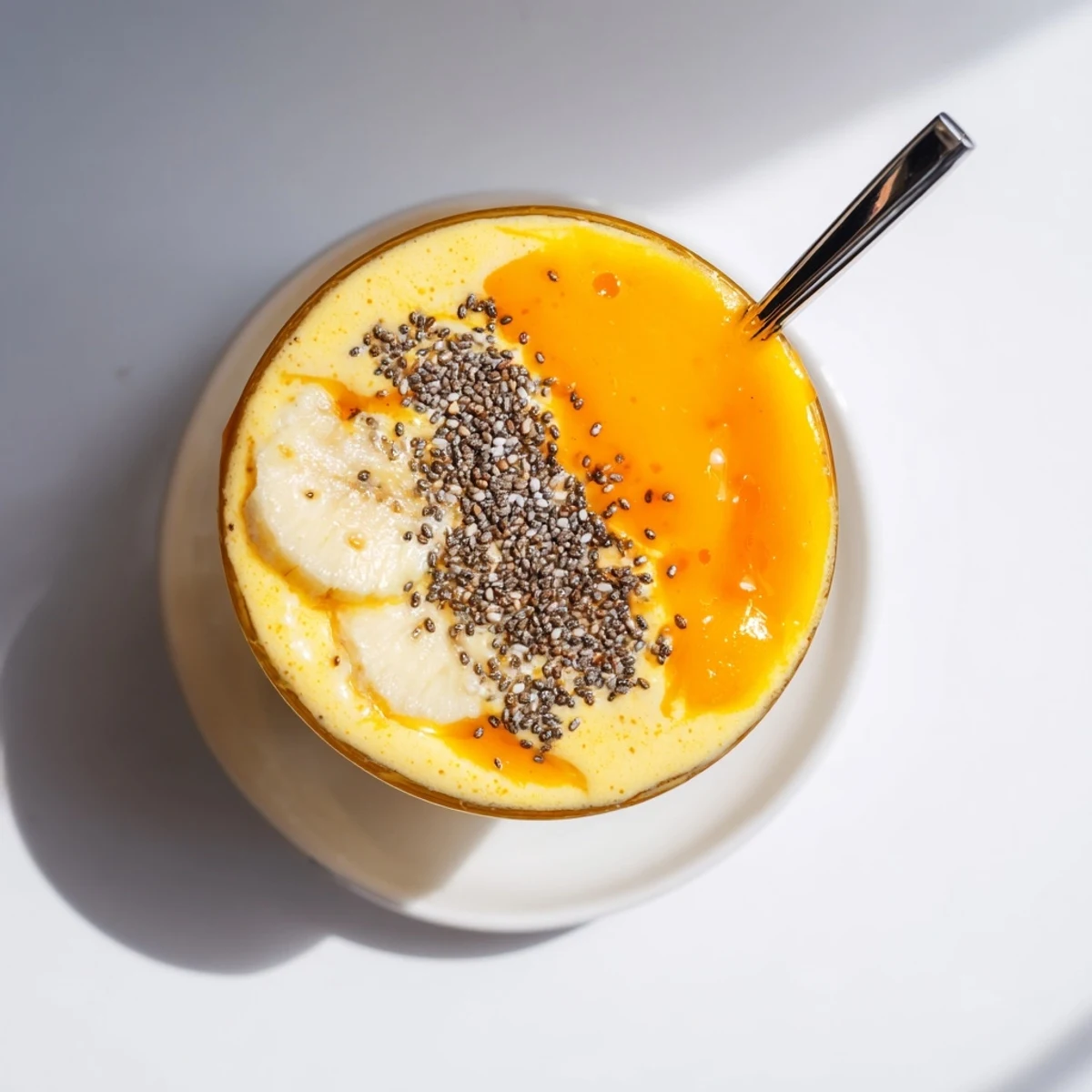 Creamy Tropical Sunrise Protein Smoothie recipe poured into glasses with orange slices