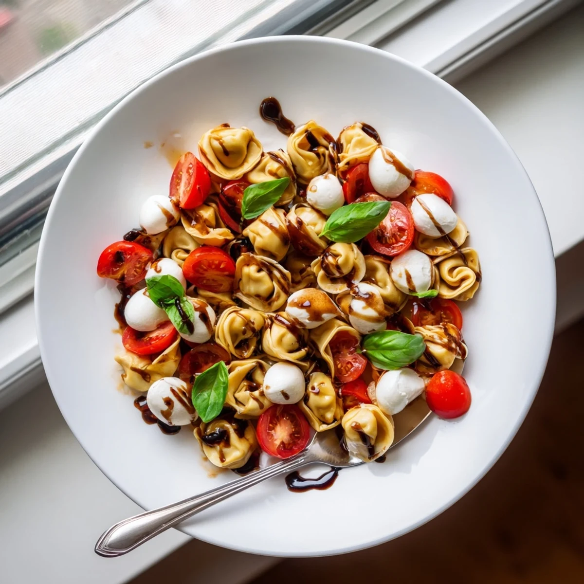 Fresh Italian pasta salad with cheese tortellini, halved cherry tomatoes, and mozzarella balls tossed in herb dressing