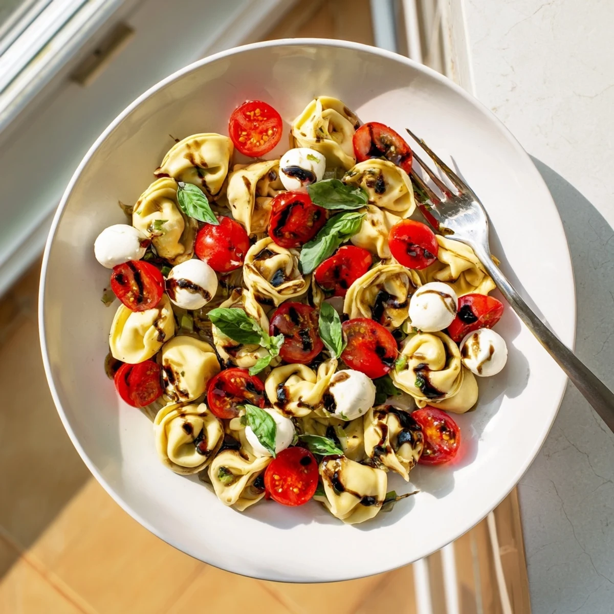 Colorful Tortellini Caprese Salad bowl featuring cherry tomatoes, fresh mozzarella, and basil drizzled with balsamic glaze