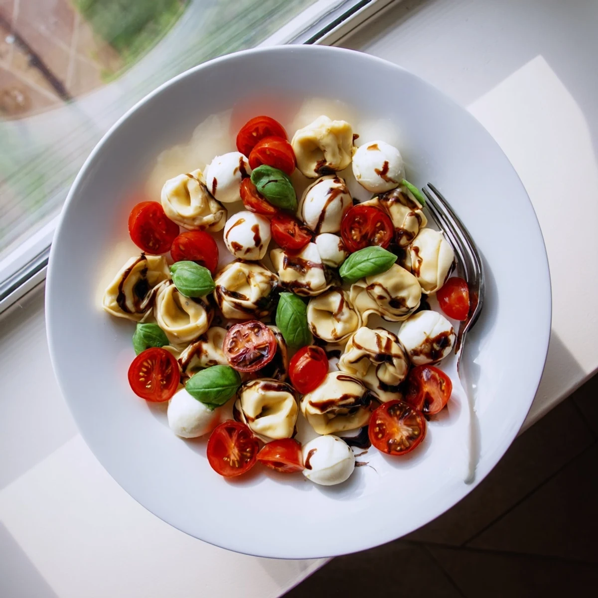 Vibrant summer Tortellini Caprese Salad plated with tender pasta, juicy tomatoes, basil leaves, and glossy balsamic swirl
