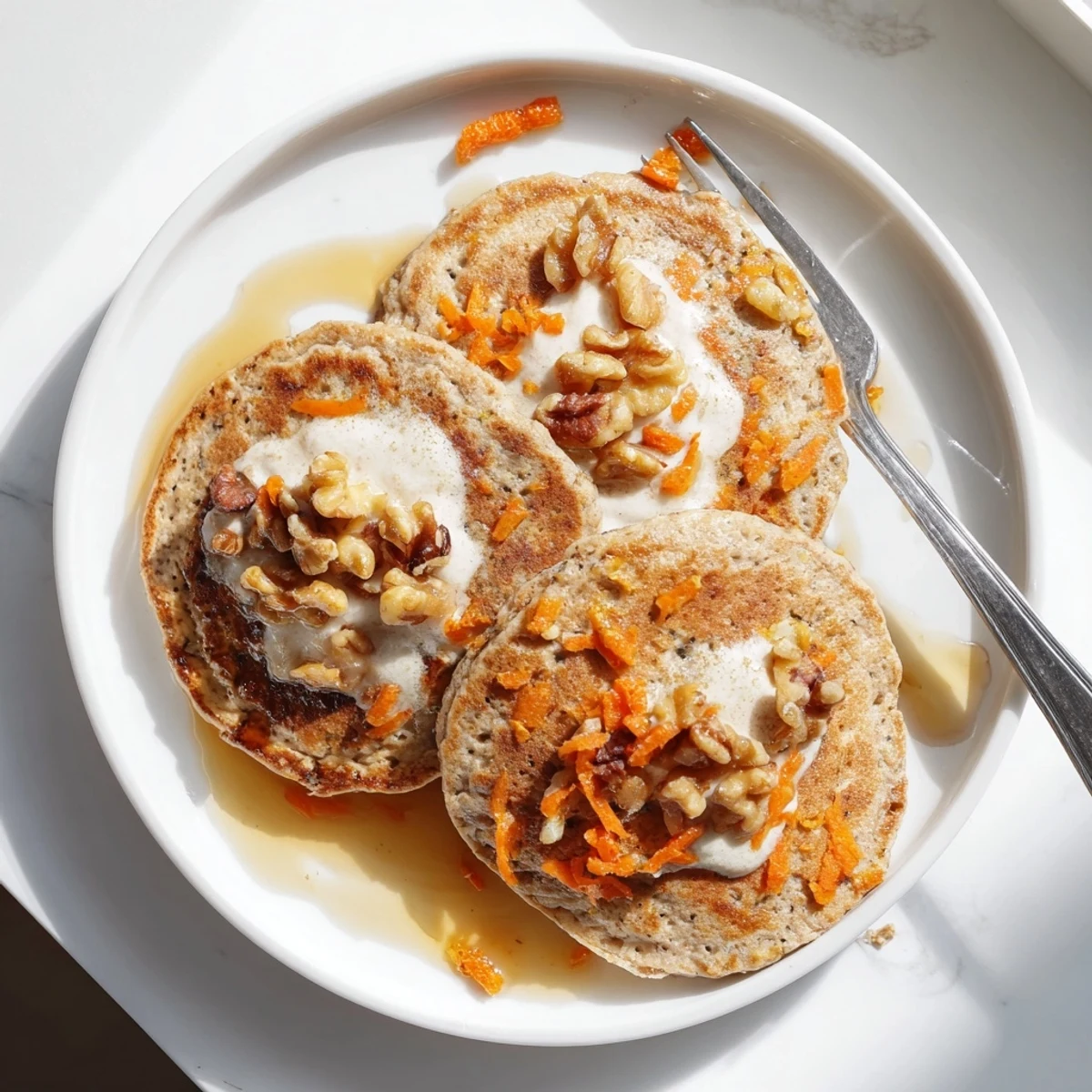 Golden stack of fluffy carrot cake pancakes topped with cream cheese glaze and chopped walnuts