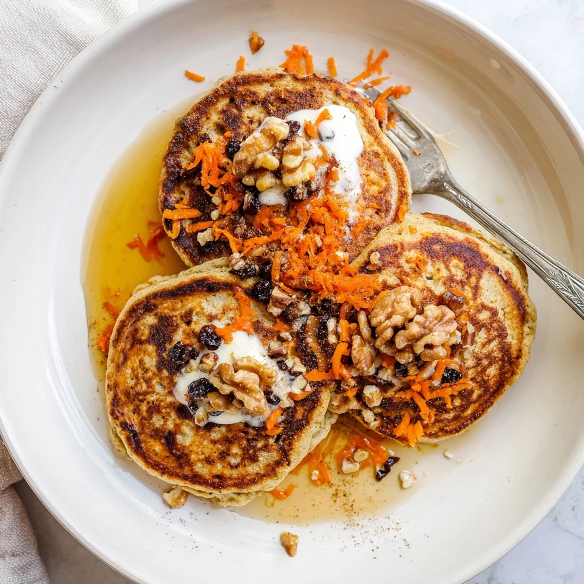 Spiced carrot cake pancakes with grated carrots served on a white plate with maple syrup