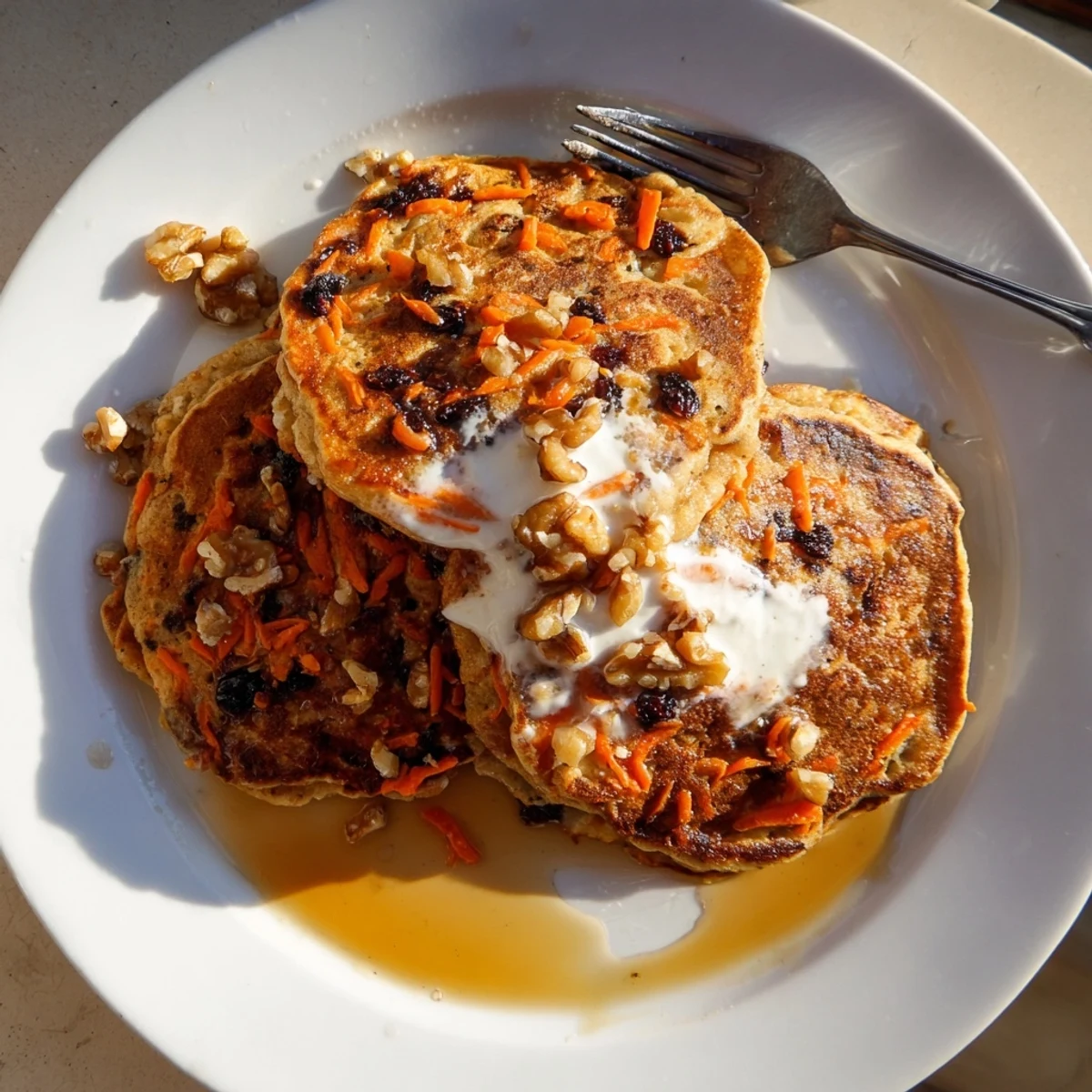 Breakfast plate featuring warm carrot cake pancakes sprinkled with cinnamon and pecans for brunch