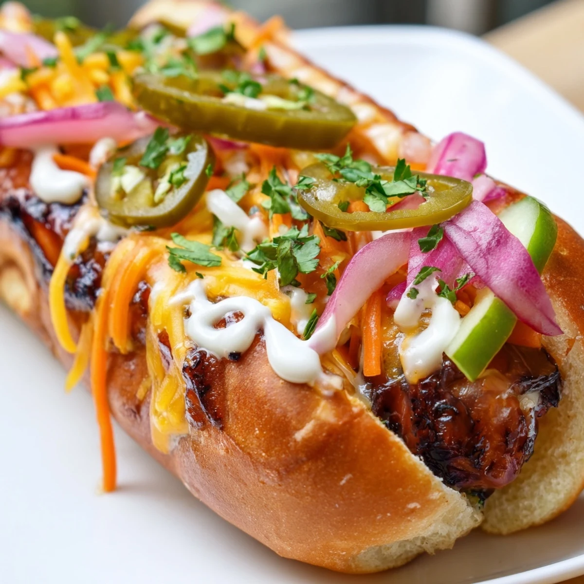 Spicy firecracker hot dogs grilled with cheddar cheese, jalapeños, and fresh vegetable toppings