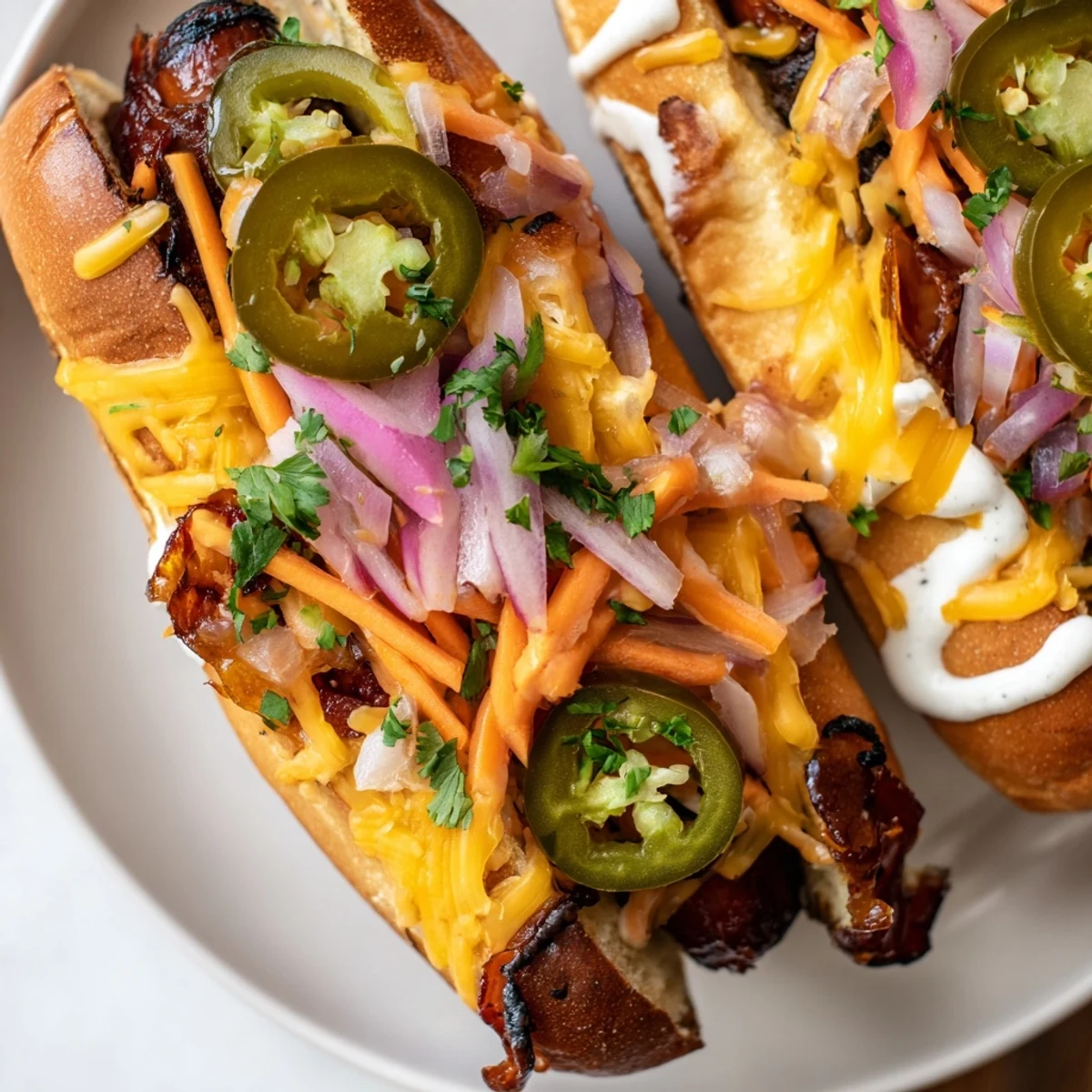 Firecracker hot dogs recipe featuring spicy glazed beef dogs with cheese and colorful toppings