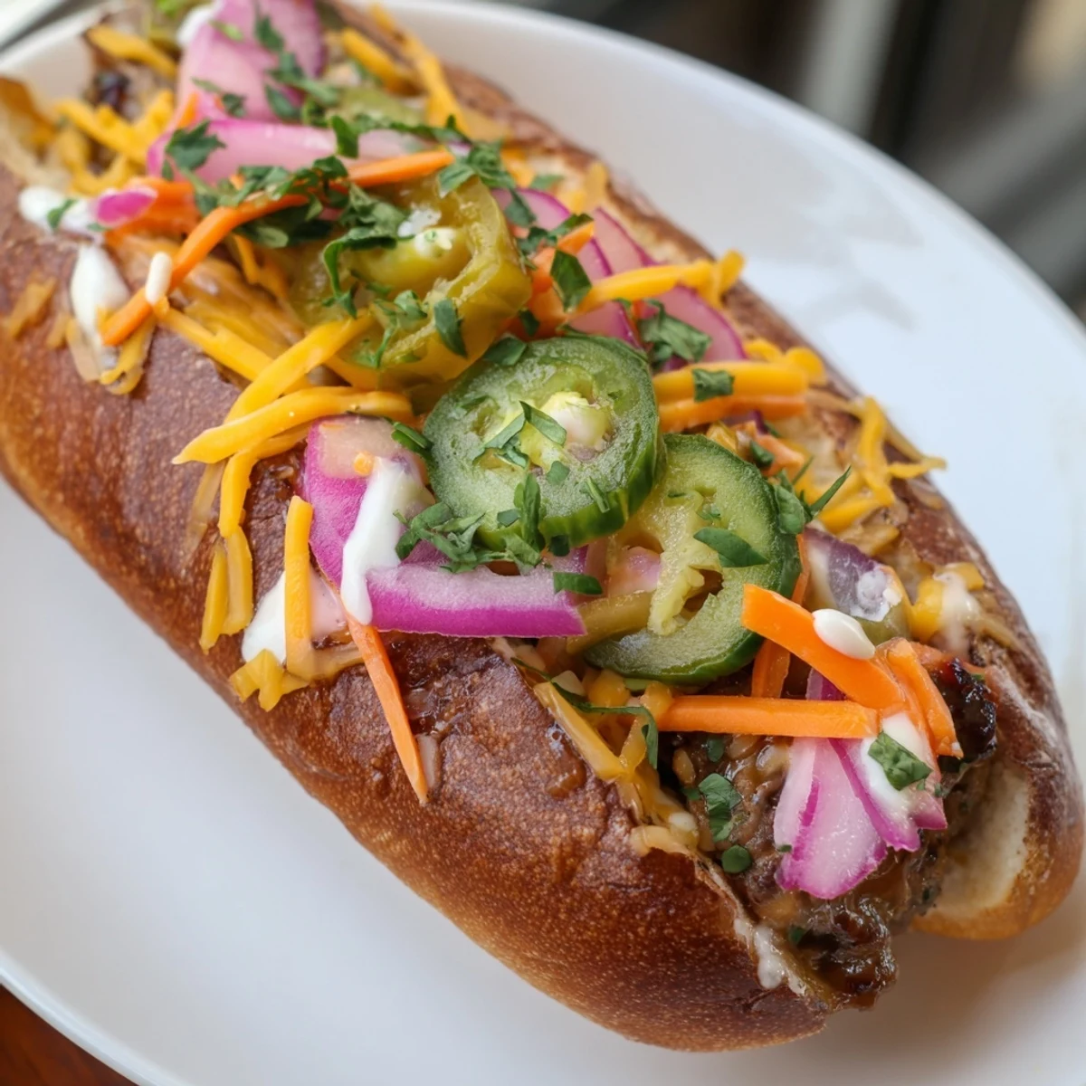 Glazed spicy firecracker hot dogs in toasted buns topped with crunchy vegetables and cilantro