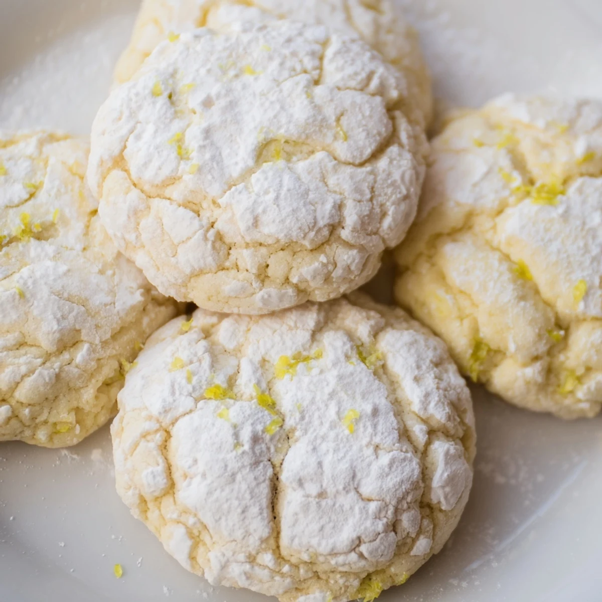 Golden soft chewy lemon cookies with crackled tops and sugary coating on a white plate