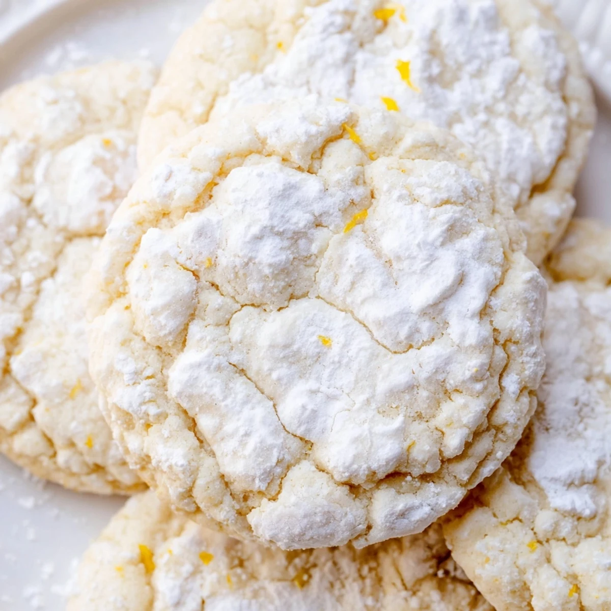 Batch of soft lemon cookies stacked high with powdered sugar dusting and lemon slices