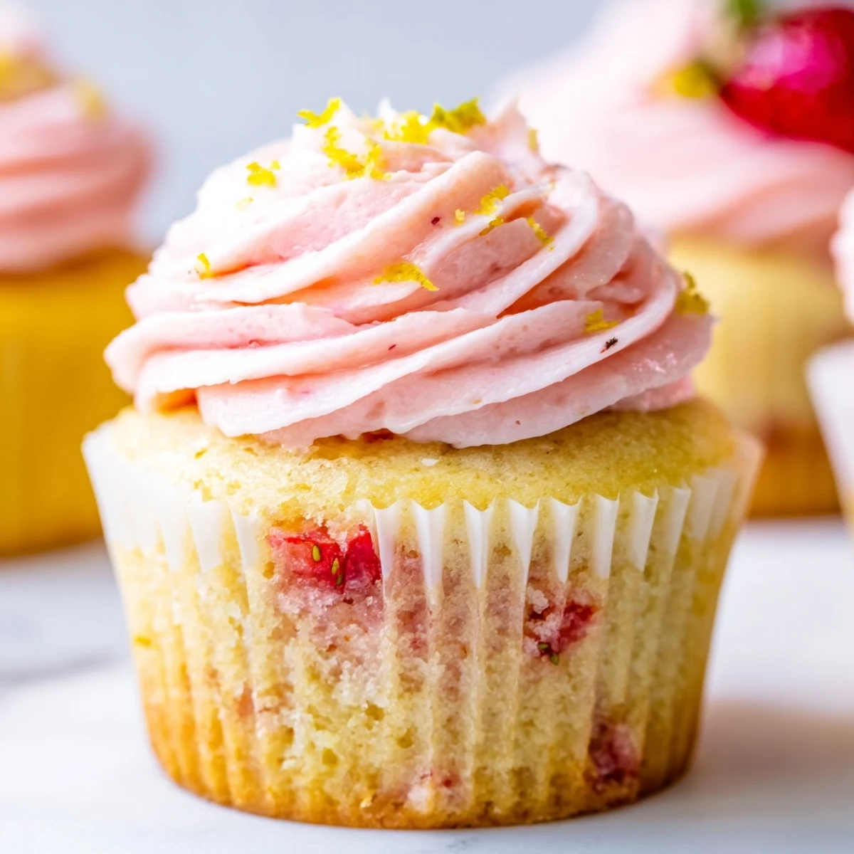 Fresh strawberry lemonade cupcakes with zesty lemon flavor and smooth pink frosting garnished