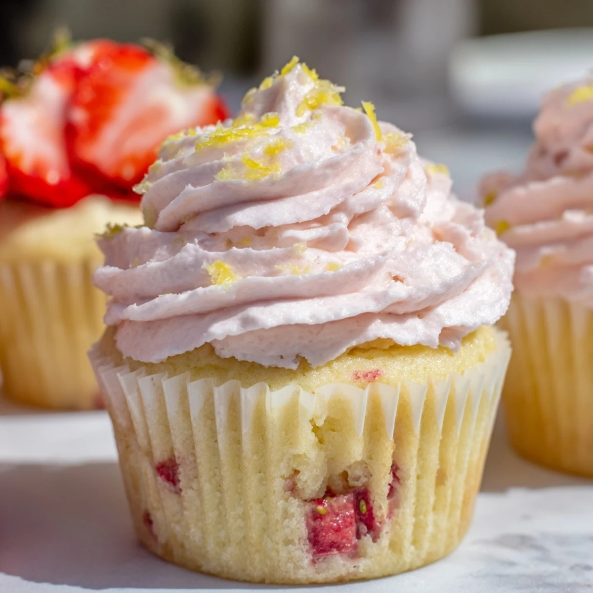 Fluffy pink strawberry lemonade cupcakes topped with swirls of creamy strawberry buttercream frosting