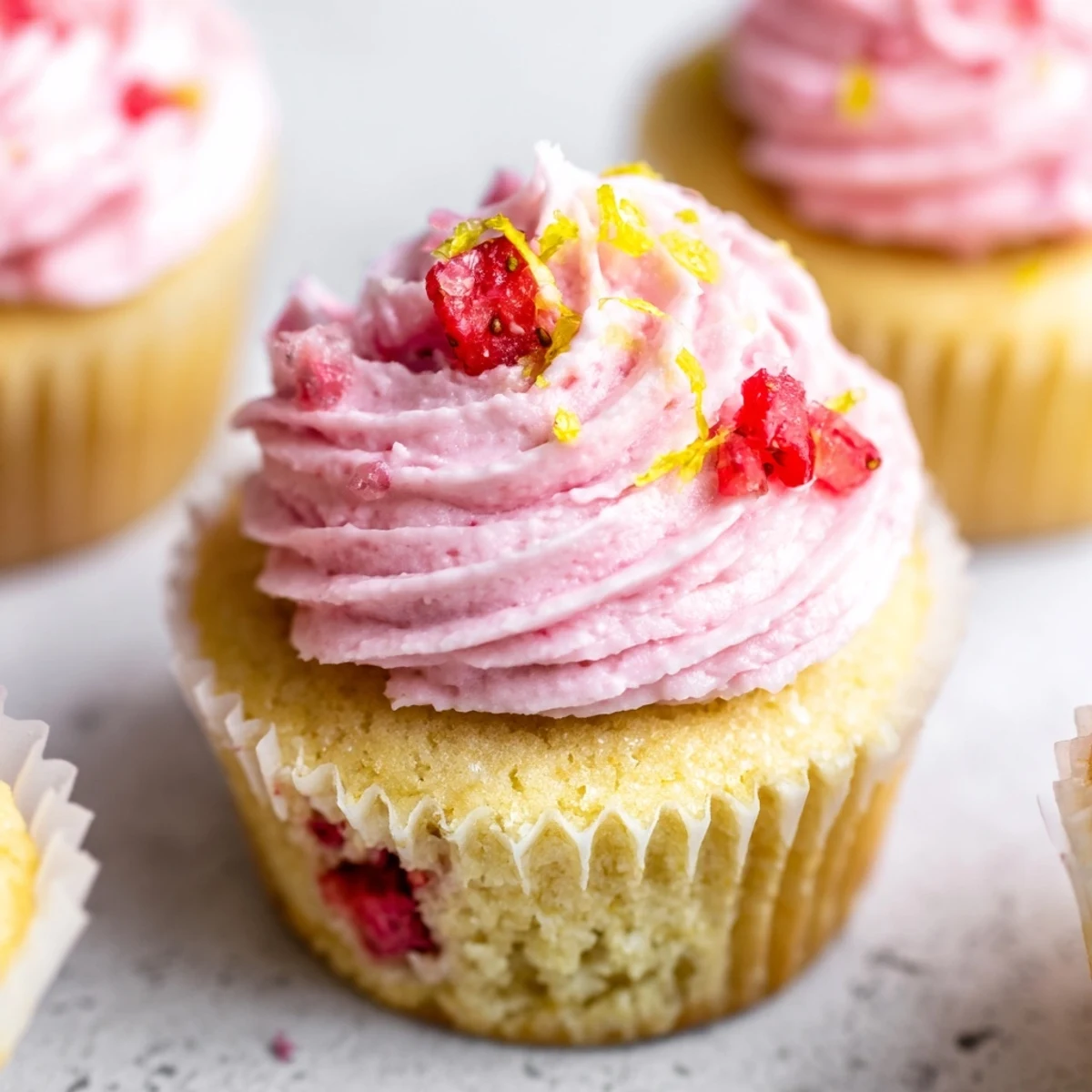 Light and moist strawberry lemonade cupcakes piped with tangy strawberry buttercream on white plate