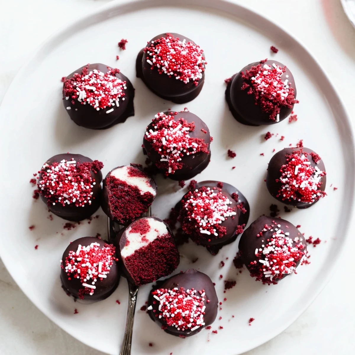 Bite-sized red velvet cheesecake balls dipped in smooth chocolate coating topped with festive sprinkles