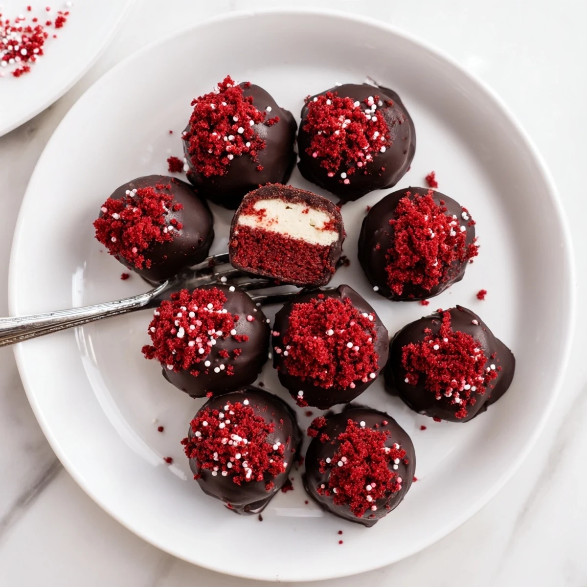 Decadent red velvet cheesecake truffles with creamy filling and rich chocolate shell on white plate