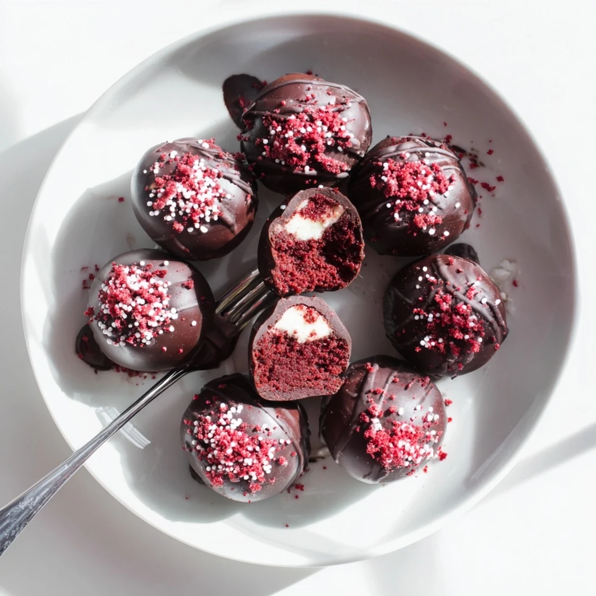 Homemade red velvet cheesecake balls rolled in melted chocolate with colorful sprinkle garnish for parties