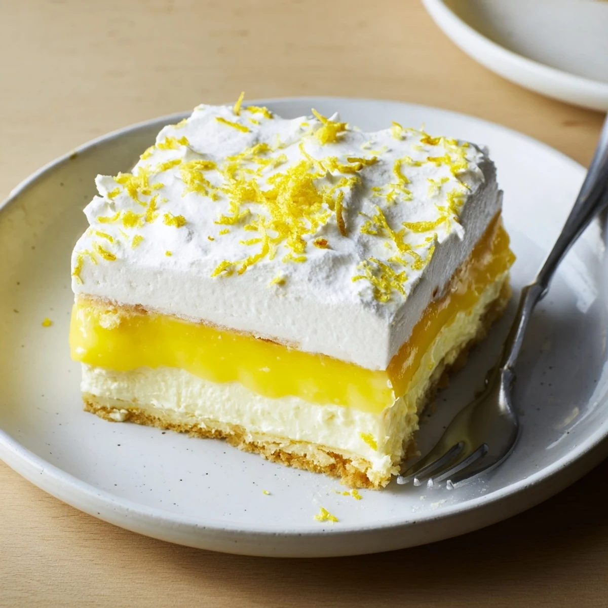 Golden layered Lemon Lush Cake sliced square with fluffy white whipped topping and lemon zest garnish